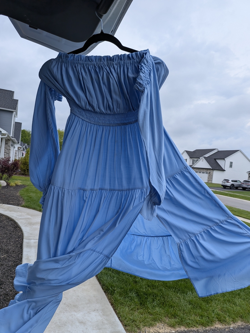 Smocked Off-Shoulder Maxi Dress in Sky Blue